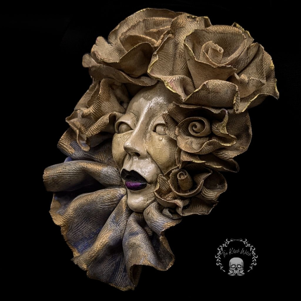Incredible Sculpted Ceramic Brooch of Witchy Woman with Roses Handcrafted - Picture 2 of 8